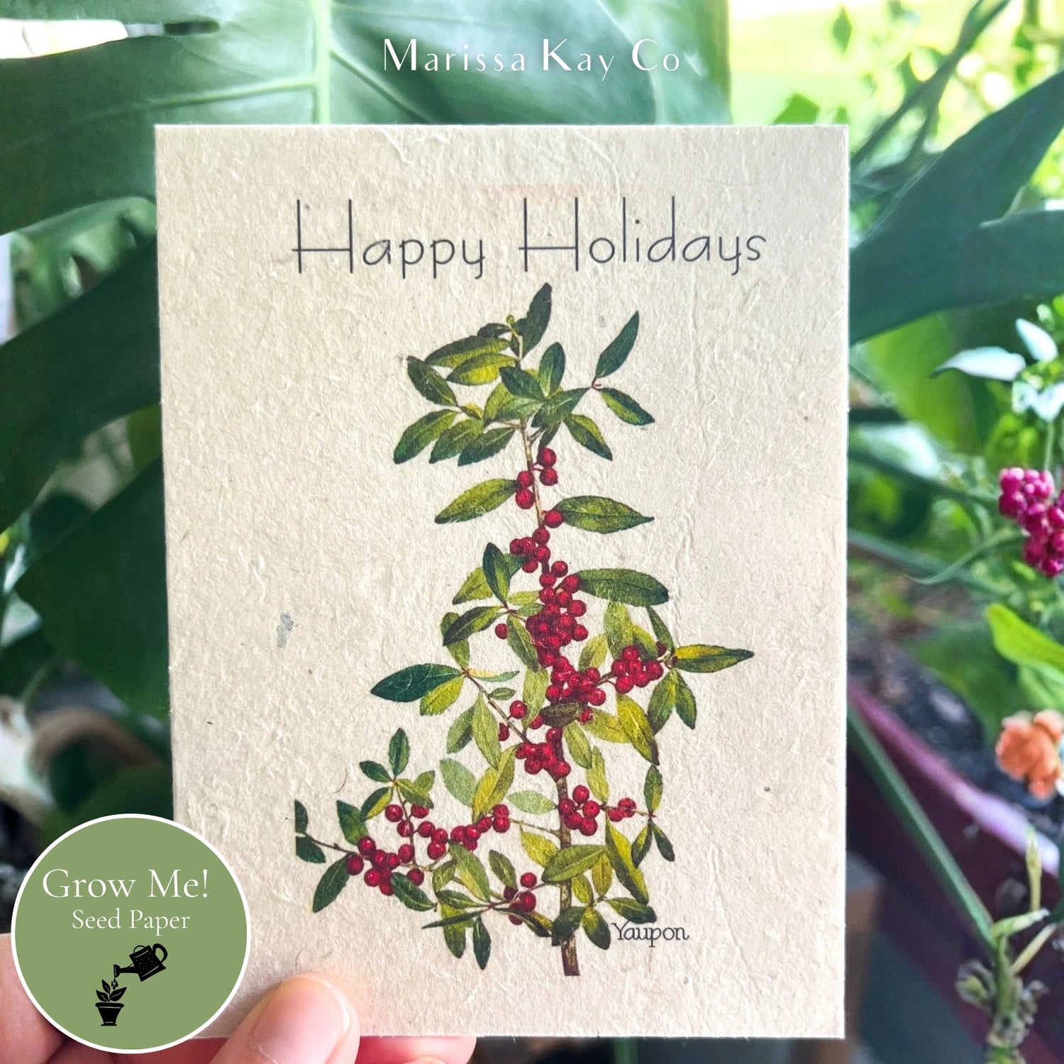 Happy Holidays Card + Personal Note – Plantable Seed Paper, Yaupon – Single
