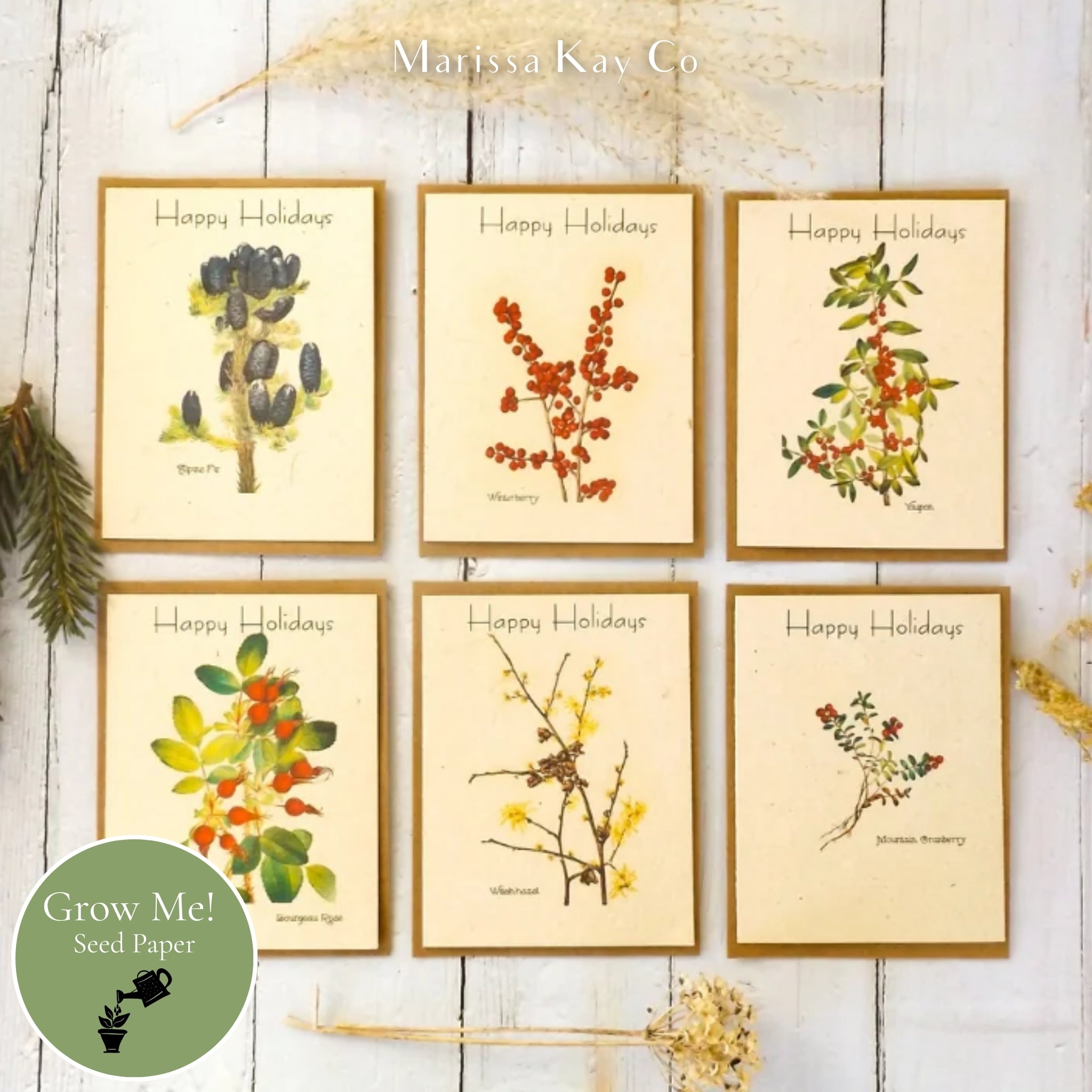Happy Holidays Cards + Personal Note – Plantable Seed Paper, Holiday Assortment – 6-Pack