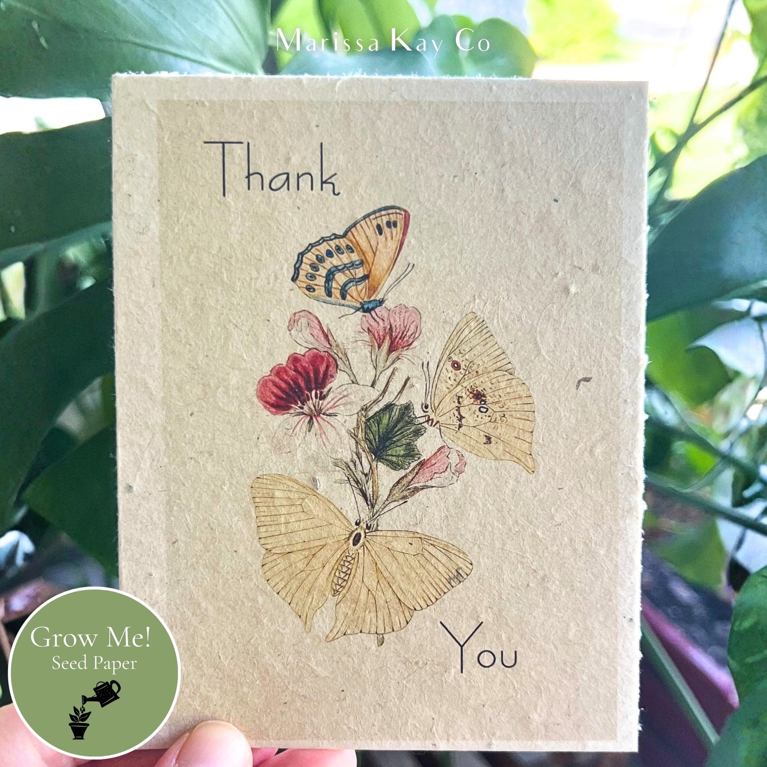 Thank You Card + Personal Note – Plantable Seed Paper, Butterfly &amp; Wildflowers – Single