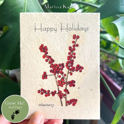 Happy Holidays Card + Personal Note – Plantable Seed Paper, Red Berries – Single