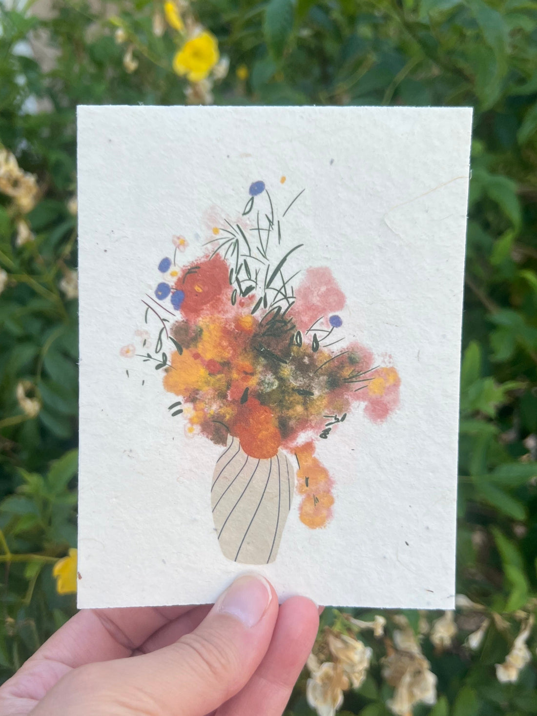 hand drawn flowers in a vase on seed paper greeting cards
