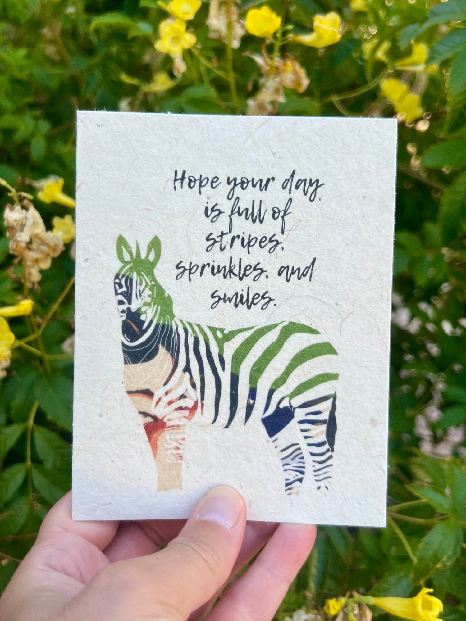 colorful zebra greeting card with the words hope your day is full of stripes sprinkles and smiles.