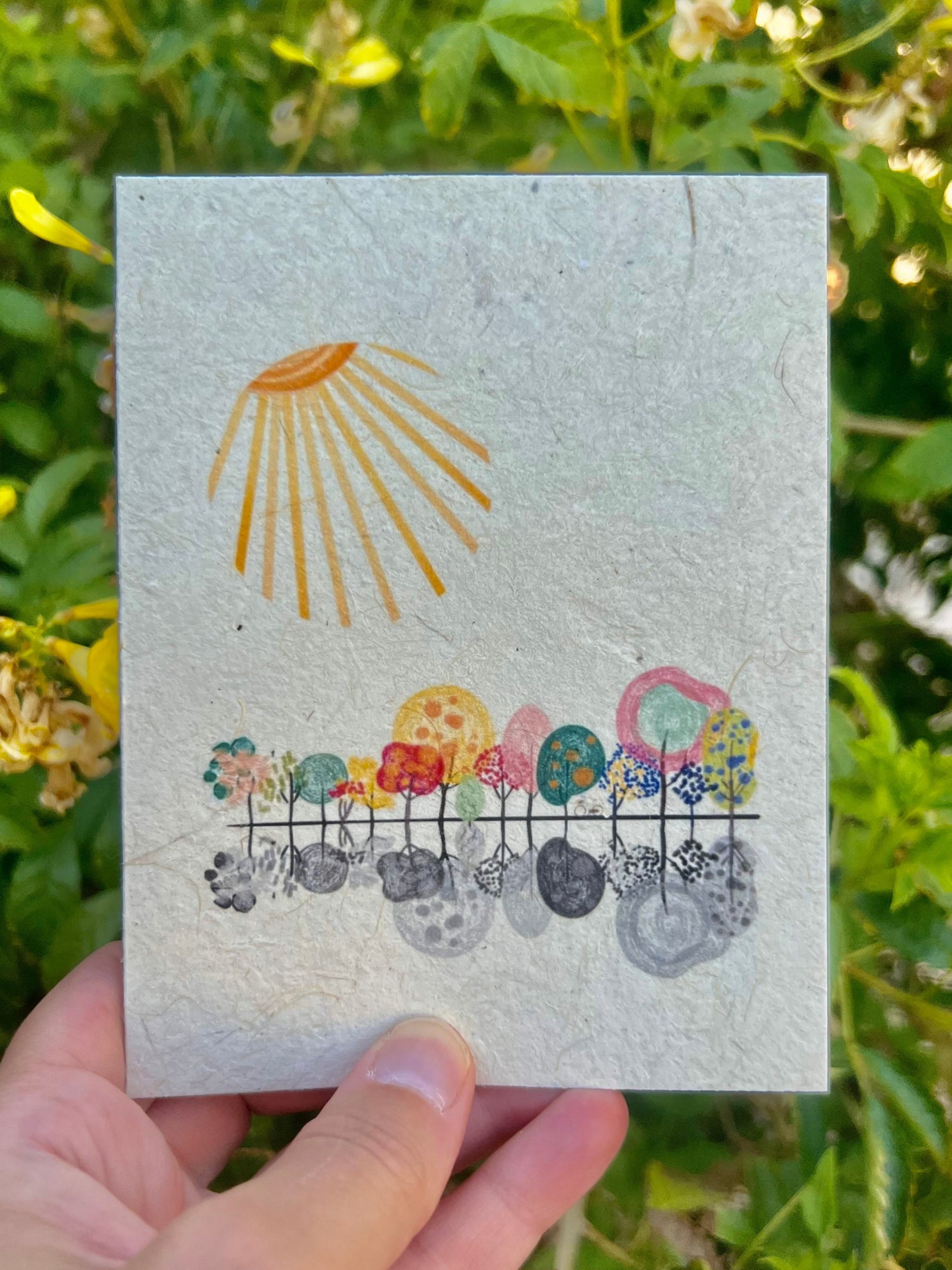 colorful trees with shadows and sun on plantable card